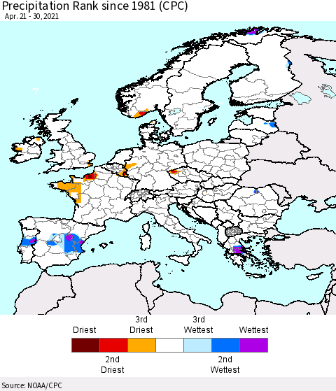 Europe Precipitation Rank (CPC) Thematic Map For 4/21/2021 - 4/30/2021