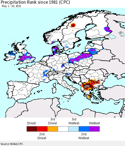 Europe Precipitation Rank (CPC) Thematic Map For 5/1/2021 - 5/10/2021