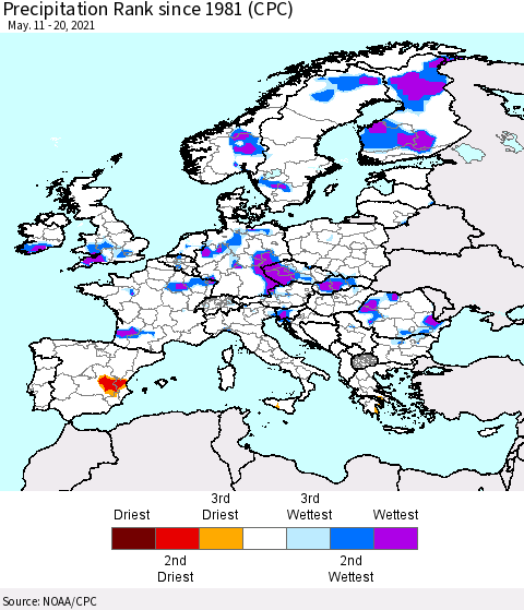 Europe Precipitation Rank (CPC) Thematic Map For 5/11/2021 - 5/20/2021