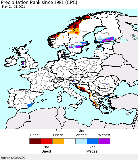 Europe Precipitation Rank (CPC) Thematic Map For 5/21/2021 - 5/31/2021