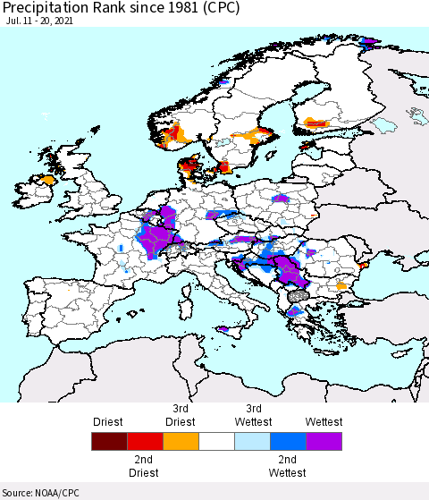 Europe Precipitation Rank (CPC) Thematic Map For 7/11/2021 - 7/20/2021