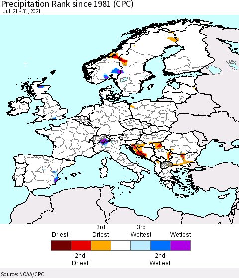 Europe Precipitation Rank (CPC) Thematic Map For 7/21/2021 - 7/31/2021