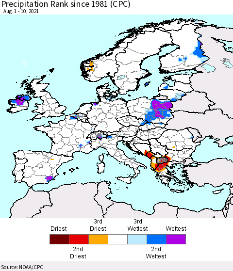 Europe Precipitation Rank (CPC) Thematic Map For 8/1/2021 - 8/10/2021