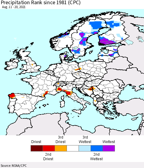 Europe Precipitation Rank (CPC) Thematic Map For 8/11/2021 - 8/20/2021