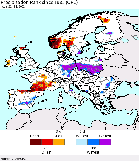 Europe Precipitation Rank (CPC) Thematic Map For 8/21/2021 - 8/31/2021