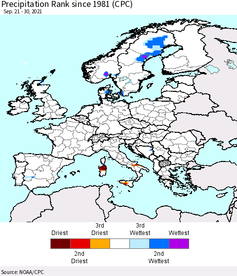 Europe Precipitation Rank since 1981 (CPC) Thematic Map For 9/21/2021 - 9/30/2021