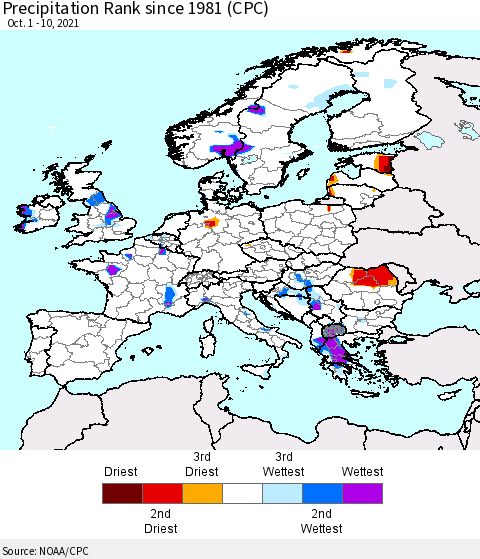 Europe Precipitation Rank since 1981 (CPC) Thematic Map For 10/1/2021 - 10/10/2021