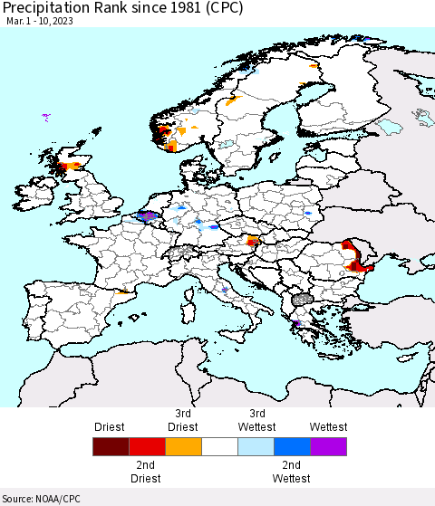 Europe Precipitation Rank since 1981 (CPC) Thematic Map For 3/1/2023 - 3/10/2023
