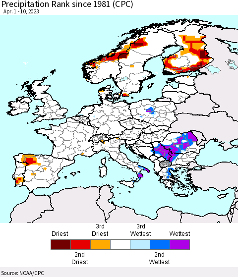 Europe Precipitation Rank since 1981 (CPC) Thematic Map For 4/1/2023 - 4/10/2023