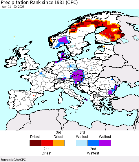 Europe Precipitation Rank since 1981 (CPC) Thematic Map For 4/11/2023 - 4/20/2023