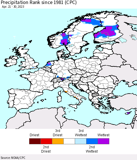 Europe Precipitation Rank since 1981 (CPC) Thematic Map For 4/21/2023 - 4/30/2023