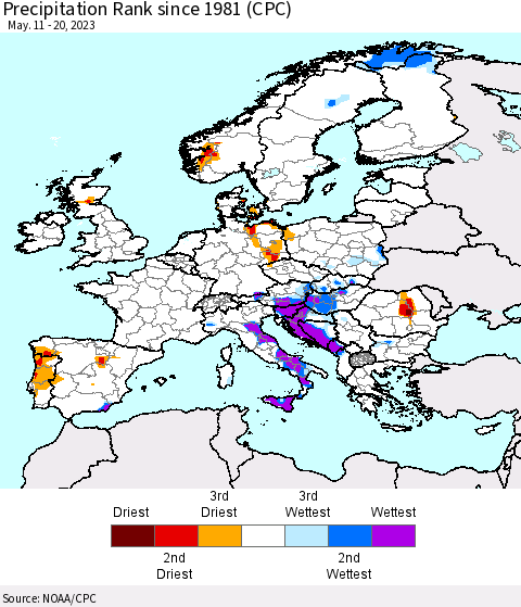 Europe Precipitation Rank since 1981 (CPC) Thematic Map For 5/11/2023 - 5/20/2023