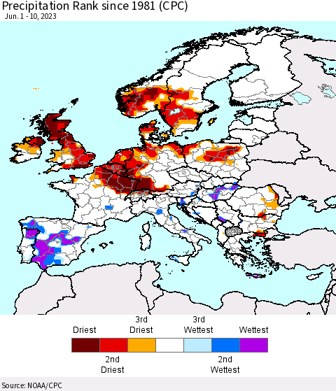 Europe Precipitation Rank since 1981 (CPC) Thematic Map For 6/1/2023 - 6/10/2023