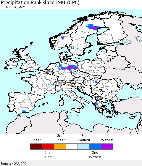 Europe Precipitation Rank since 1981 (CPC) Thematic Map For 6/21/2023 - 6/30/2023