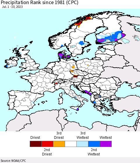 Europe Precipitation Rank since 1981 (CPC) Thematic Map For 7/1/2023 - 7/10/2023