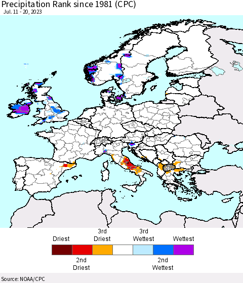 Europe Precipitation Rank since 1981 (CPC) Thematic Map For 7/11/2023 - 7/20/2023