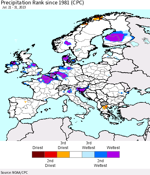 Europe Precipitation Rank since 1981 (CPC) Thematic Map For 7/21/2023 - 7/31/2023