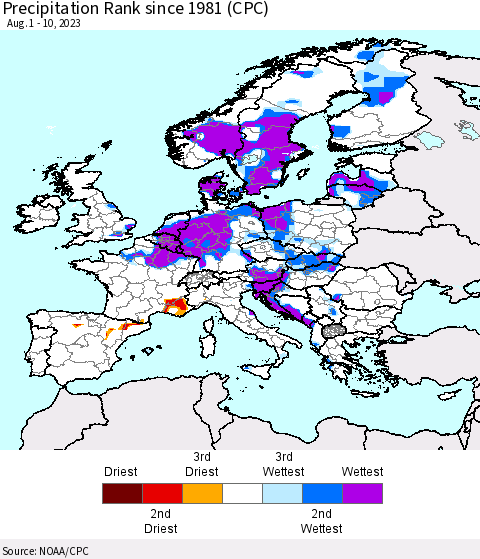 Europe Precipitation Rank since 1981 (CPC) Thematic Map For 8/1/2023 - 8/10/2023
