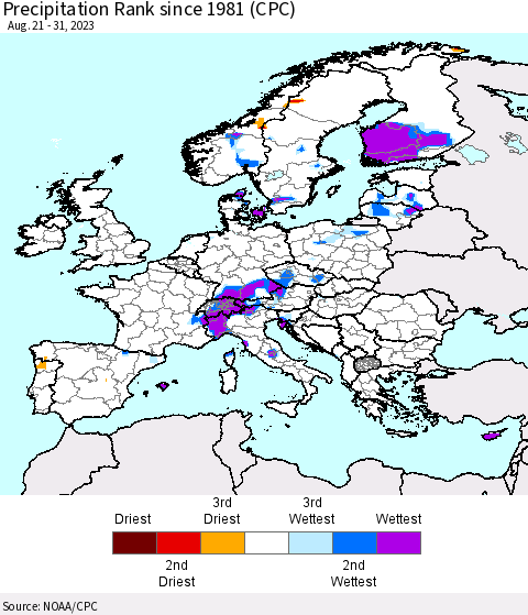 Europe Precipitation Rank since 1981 (CPC) Thematic Map For 8/21/2023 - 8/31/2023
