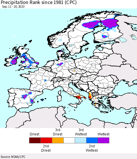 Europe Precipitation Rank since 1981 (CPC) Thematic Map For 9/11/2023 - 9/20/2023