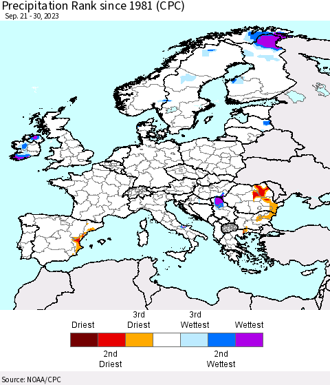 Europe Precipitation Rank since 1981 (CPC) Thematic Map For 9/21/2023 - 9/30/2023