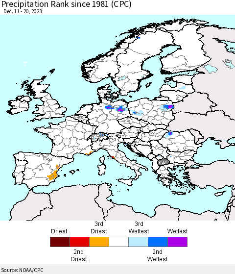 Europe Precipitation Rank since 1981 (CPC) Thematic Map For 12/11/2023 - 12/20/2023
