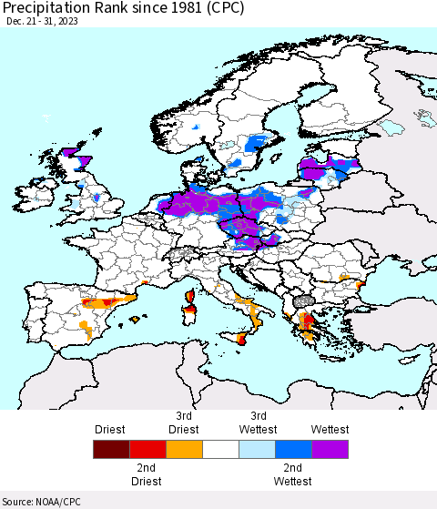 Europe Precipitation Rank since 1981 (CPC) Thematic Map For 12/21/2023 - 12/31/2023