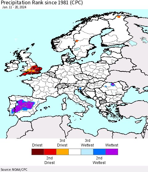 Europe Precipitation Rank since 1981 (CPC) Thematic Map For 1/11/2024 - 1/20/2024