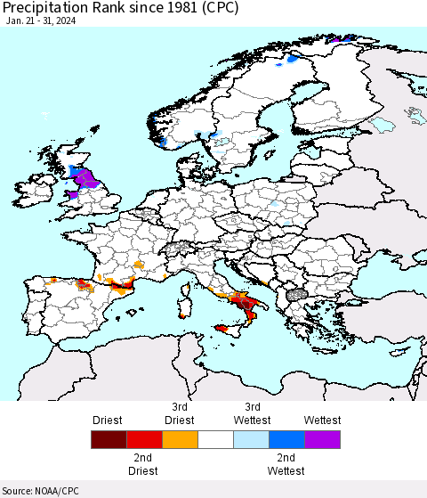 Europe Precipitation Rank since 1981 (CPC) Thematic Map For 1/21/2024 - 1/31/2024
