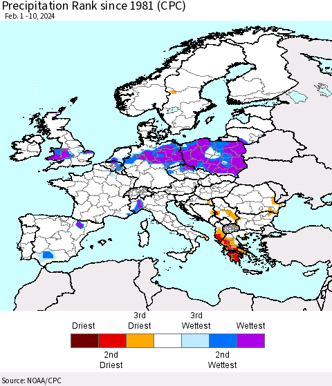 Europe Precipitation Rank since 1981 (CPC) Thematic Map For 2/1/2024 - 2/10/2024