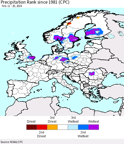 Europe Precipitation Rank since 1981 (CPC) Thematic Map For 2/11/2024 - 2/20/2024