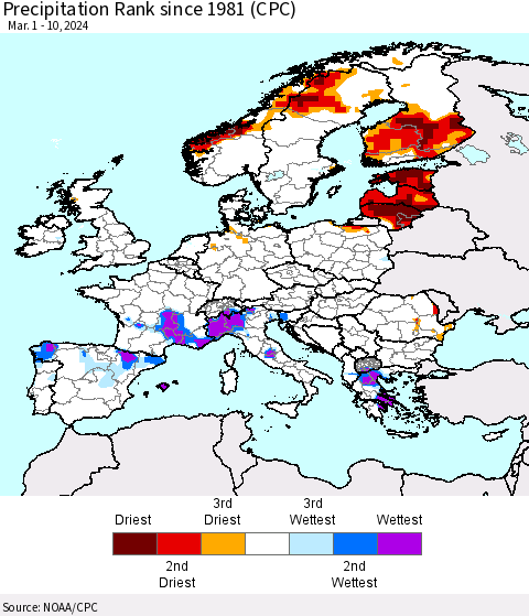 Europe Precipitation Rank since 1981 (CPC) Thematic Map For 3/1/2024 - 3/10/2024