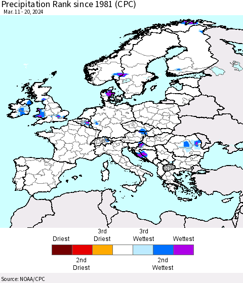 Europe Precipitation Rank since 1981 (CPC) Thematic Map For 3/11/2024 - 3/20/2024