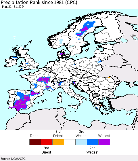 Europe Precipitation Rank since 1981 (CPC) Thematic Map For 3/21/2024 - 3/31/2024