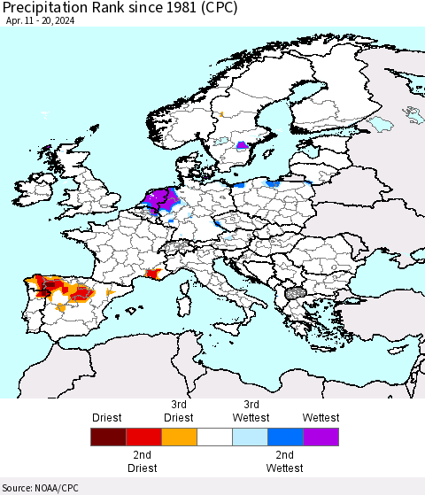 Europe Precipitation Rank since 1981 (CPC) Thematic Map For 4/11/2024 - 4/20/2024
