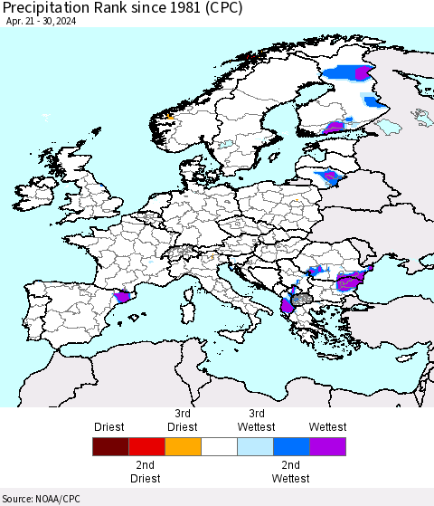 Europe Precipitation Rank since 1981 (CPC) Thematic Map For 4/21/2024 - 4/30/2024