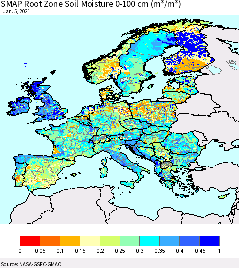 Europe SMAP Root Zone (0-100 cm) Soil Moisture (m³/m³) Thematic Map For 1/1/2021 - 1/5/2021