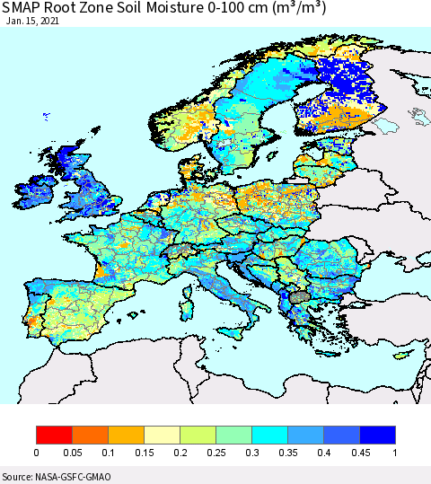 Europe SMAP Root Zone (0-100 cm) Soil Moisture (m³/m³) Thematic Map For 1/11/2021 - 1/15/2021