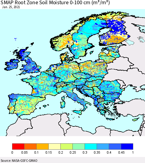 Europe SMAP Root Zone (0-100 cm) Soil Moisture (m³/m³) Thematic Map For 1/21/2021 - 1/25/2021