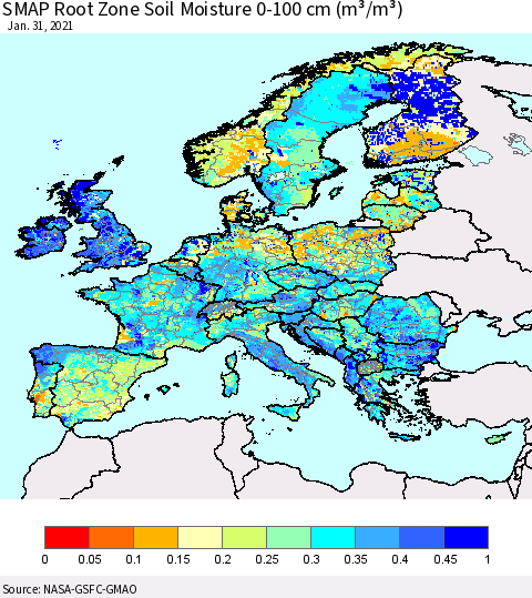 Europe SMAP Root Zone (0-100 cm) Soil Moisture (m³/m³) Thematic Map For 1/26/2021 - 1/31/2021