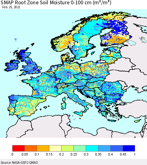 Europe SMAP Root Zone (0-100 cm) Soil Moisture (m³/m³) Thematic Map For 2/21/2021 - 2/25/2021