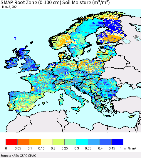 Europe SMAP Root Zone (0-100 cm) Soil Moisture (m³/m³) Thematic Map For 3/1/2021 - 3/5/2021