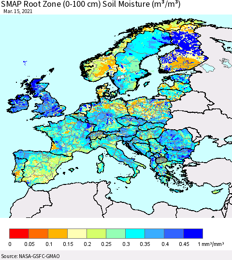 Europe SMAP Root Zone (0-100 cm) Soil Moisture (m³/m³) Thematic Map For 3/11/2021 - 3/15/2021