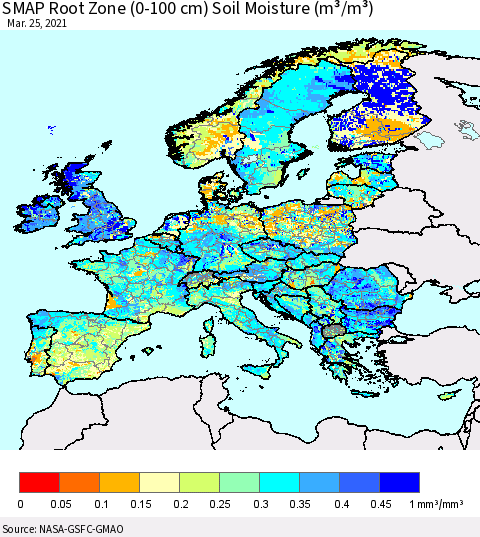 Europe SMAP Root Zone (0-100 cm) Soil Moisture (m³/m³) Thematic Map For 3/21/2021 - 3/25/2021