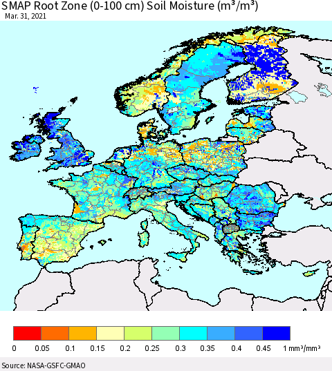 Europe SMAP Root Zone (0-100 cm) Soil Moisture (m³/m³) Thematic Map For 3/26/2021 - 3/31/2021