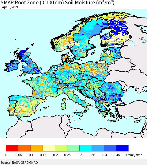 Europe SMAP Root Zone (0-100 cm) Soil Moisture (m³/m³) Thematic Map For 4/1/2021 - 4/5/2021