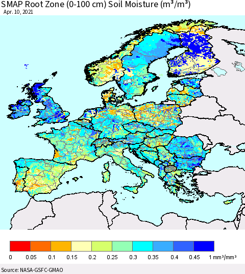 Europe SMAP Root Zone (0-100 cm) Soil Moisture (m³/m³) Thematic Map For 4/6/2021 - 4/10/2021