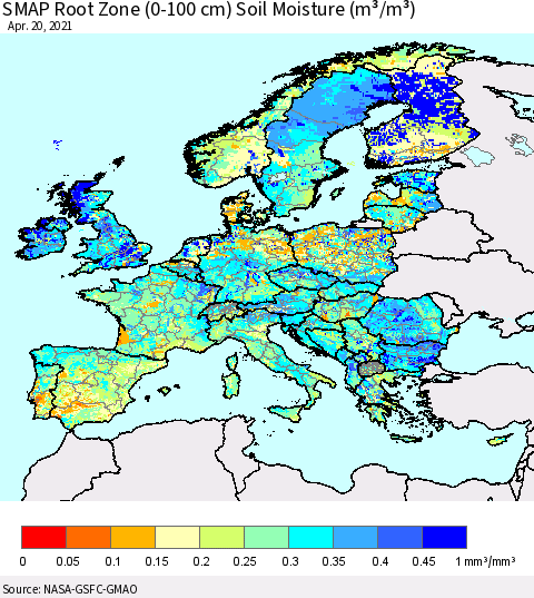 Europe SMAP Root Zone (0-100 cm) Soil Moisture (m³/m³) Thematic Map For 4/16/2021 - 4/20/2021