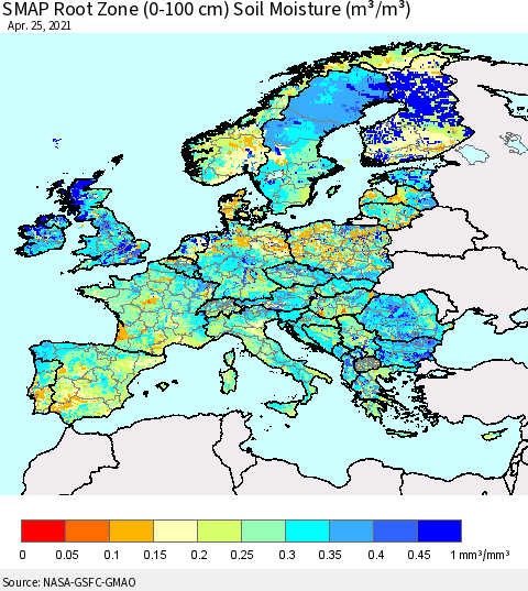 Europe SMAP Root Zone (0-100 cm) Soil Moisture (m³/m³) Thematic Map For 4/21/2021 - 4/25/2021
