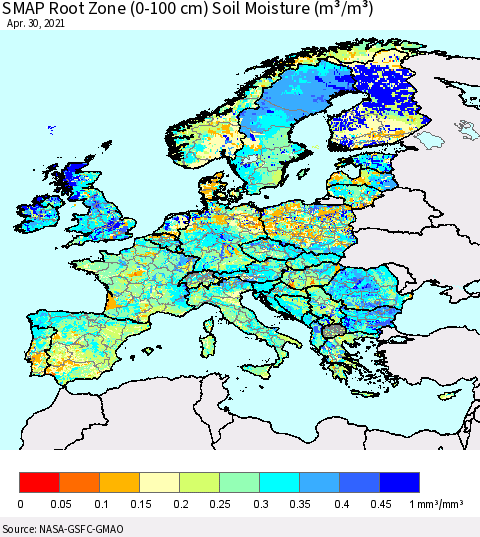 Europe SMAP Root Zone (0-100 cm) Soil Moisture (m³/m³) Thematic Map For 4/26/2021 - 4/30/2021